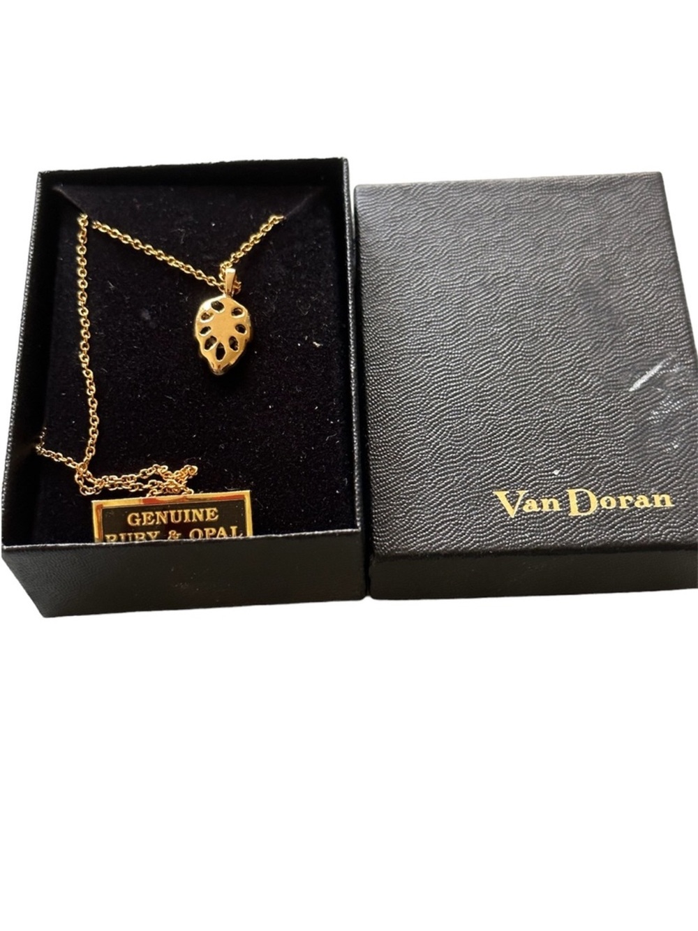 Genuine Ruby & Opal Gold Leaf Pendant Necklace - Gold